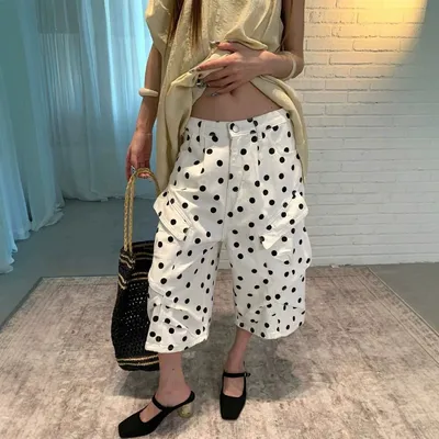 American-style Vintage White Polka-dot Work Pants