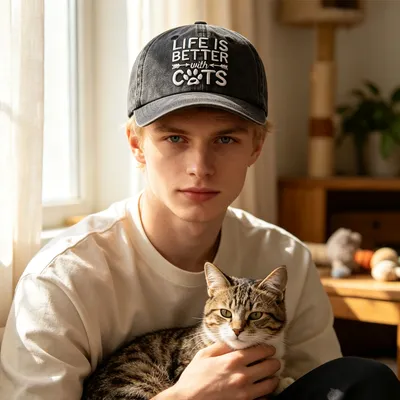 2pcs Washed Distressed Baseball Cap, Life Is Better With Cats Embroidery Vintage Cotton Hat, Cute Cat Paw Print Casual Hat For Cat Lovers