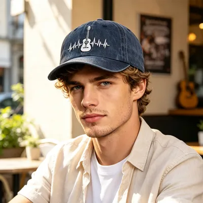 2pcs Washed Navy Baseball Cap For Men Women, Guitar Heartbeat Line Embroidered Vintage Hat, Music Lovers Casual Outdoor Cotton Hat