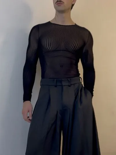 Black Mesh Long-Sleeve Top With Sheer Design