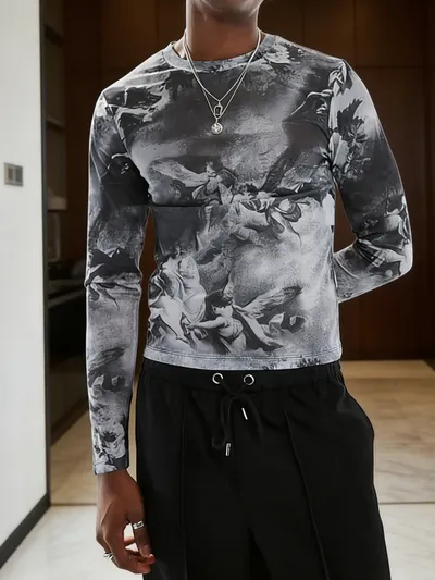 Black & White Classical Painting Print Slim-Fit Long-Sleeve Top