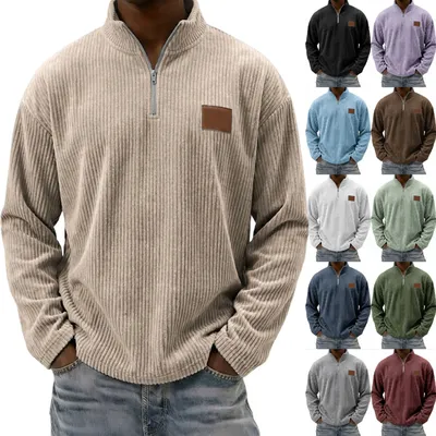Mens Retro Corduroy Fashion Embroidered Pullover With A Stand-up Collar