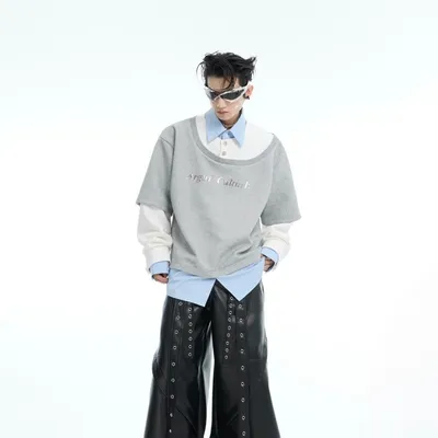 Fake Three-piece Contrast-color Patchwork Hoodie Loose-fit Long-sleeve T-shirt