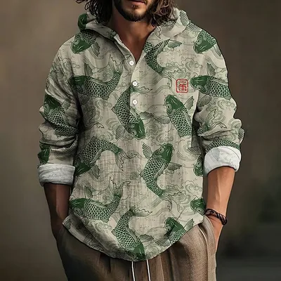 Mens Casual Loose-fit Hooded Pullover With Buttons Top