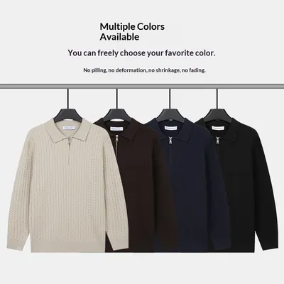Mens Knitted Long-sleeve Top With A Lapel And Half-zip
