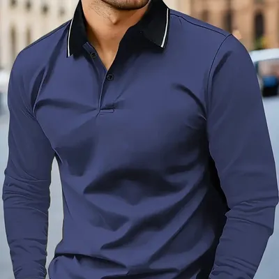 Autumn Men's Lapel Golf Casual Sports Contrast Color Long Sleeves Top
