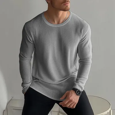 Cross-border European And American Men's Long-sleeve Waffle-knit Solid-color T-shirt