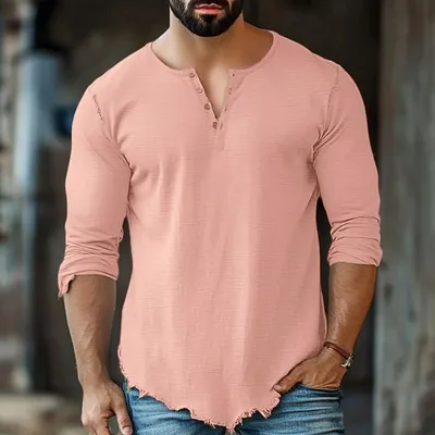 Fashionable Mens Casual Solid-Color Four-Button Long-Sleeve T-Shirt