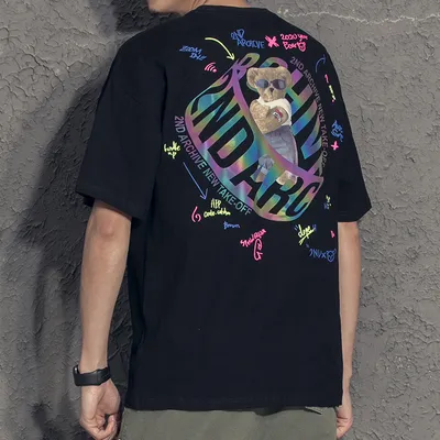  Summer New Couple Outfit Three-Dimensional Colorful Laser Reflective Cute Bear Loose T-Shirt