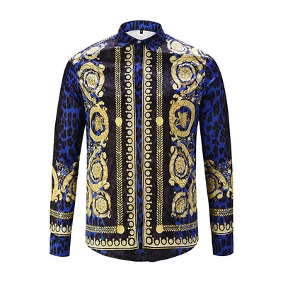3D Blue Leopard Gold Striped Ethnic Flower Shirt