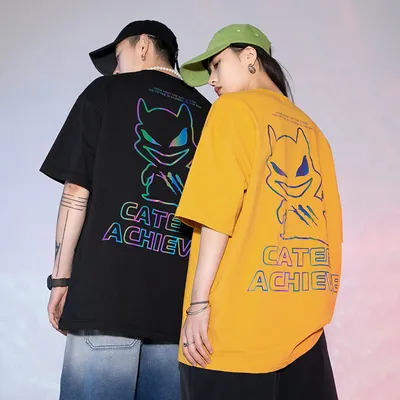  Spring Summer New Colorful Reflective T-shirt Male Little Devil Printed Tide Brand Short Sleeve