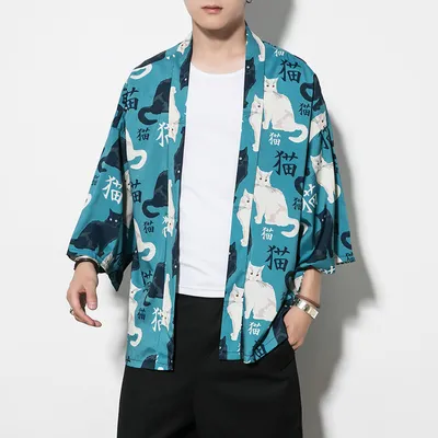  New Summer Men's Casual Loose Chinese Style Ice Silk Kimono Cardigan Thin Half-Sleeved Road Robe Sunscreen Clothing