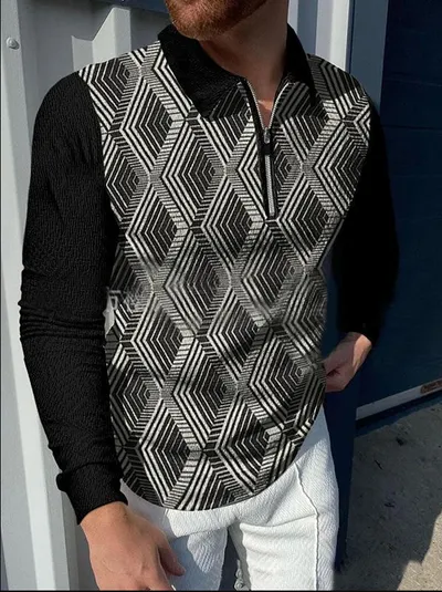 3D Digital Pattern Lapel Zipper POLO Short Sleeves
