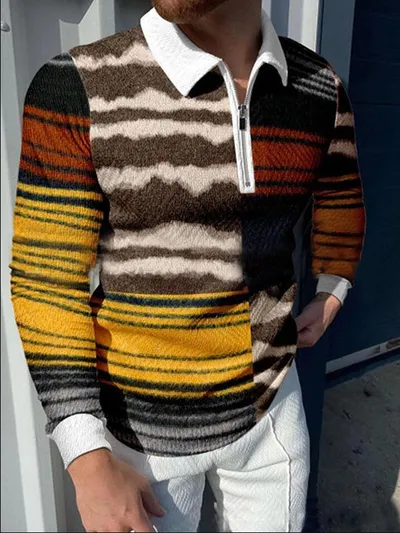 3D Digital Pattern Lapel Zipper POLO Long Sleeves