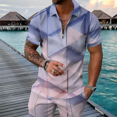  Plus Size Men's Polo Shirt Summer Fashion 3D Printed Short Sleeve Geometric Zip Lapel Shirt Set