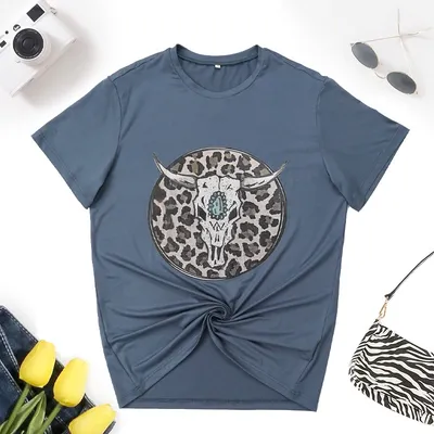Solid Leopard Print Round Neck T-shirt Top Women