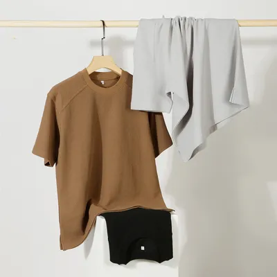 220g Waffle Short Sleeve Raglan Sleeve Slit Hemline At Hem Solid Color Summer T-shirt