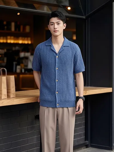 Old Money Style Men's Lapel Ice Silk POLO Knit Cardigan, Light Luxury Textured Loose Casual Men's Short-Sleeve Top
