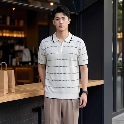 Old Money Style Men's Striped Ice Silk Knit Polo Shirt, Summer Lapel Breathable Polo Top, Casual Men's Apparel