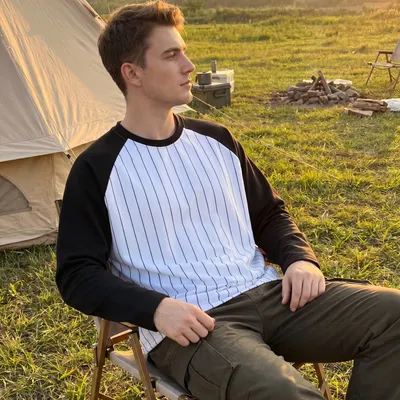 Mens Short Raglan-Style Baseball Long-Sleeve Striped Casual T-Shirt
