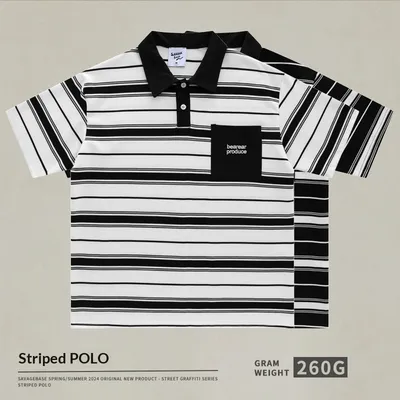 Loose-fitting Polo Shirt With A Lapel Collar Short-sleeved Striped T-shirt
