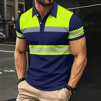 Mens Short-sleeve Digital-print Polo Shirt With A Lapel And Buttons