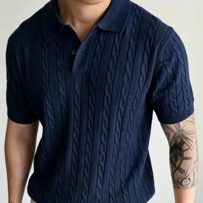 Cable-knit Polo Shirt Mens Short-Sleeve Casual Knitted T-Shirt