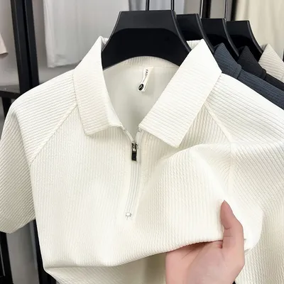2026 High-Quality Short-Sleeved T-Shirt Men's Lapel Striped Half-Sleeve Zipper Youth Base Shirt Men's Short-Sleeved T-Shirt
