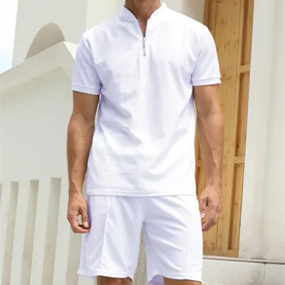 3D Simple POLO Men's Zip-up Shirt Short Sleeve Crew Neck Casual Shorts Suit