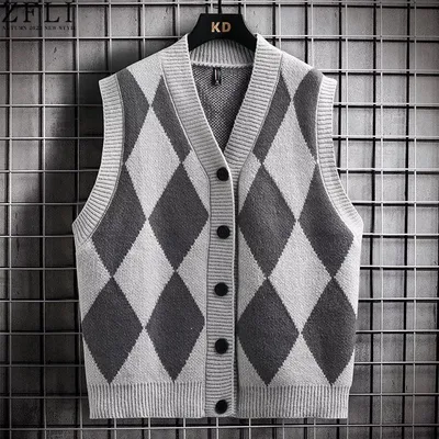 Mens Korean-style Diamond-Pattern Early-Autumn Knitted Vest For Teens