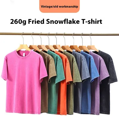 260g Pure Cotton Washed Distressed T-shirt Printing Tie-dyed Loose Fried Snowflake American Short Sleeve