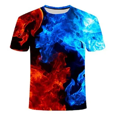 Blue Red Flame Mesh Sweat Wicking Sports Short Sleeved T Shirt