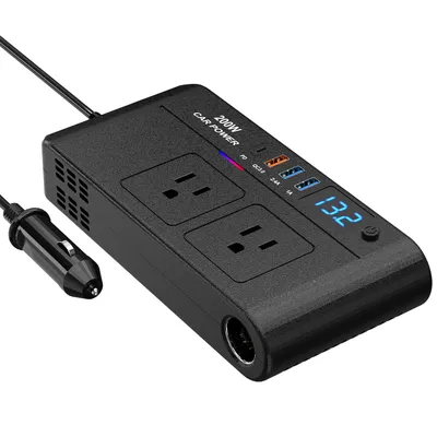 1Pc 200W 12V Car Inverter DC12V To AC110V Vehicle Power Converter With 2 110V AC Outlets 1 TypeC 3 USB Port Quick Charge Overheat Protection Voltage Display For Camping Road Trip