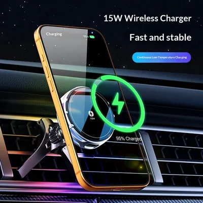 15W Wireless Charging Magnetic Car Phone Mount With Mirror Finish For Cars