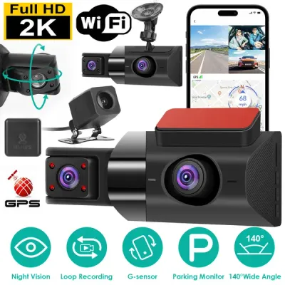 2K Car DVR 3 Channel Dash Cam Camcorder Camera Recorder With 140 Angle GPS WiFi Night Vision G-sensor Loop Recording Parking Monitor