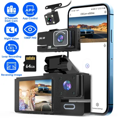 1Pc WiFi FHD 1080P Car Dash Cam 3 Channels Front Rear Inside Dash Camera With Loop Recording Reversing Image Night Vision 170 Degree Wide Angle Support 64G MMC Card Included