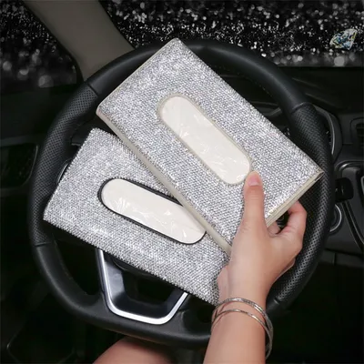 Crystal PU Leather Universal Hanging Style Sun Visor Car Tissue Box