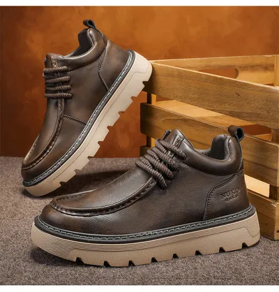 2026 Spring New Men's Retro Versatile Mid-Top Casual Skate Shoes, Sporty Thick Elevated Sole Trendy Work Martin Boots