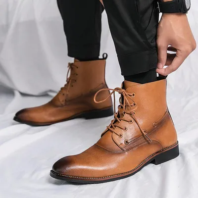 Mens Shoes British-style Height-increasing Leather Boots Hairstylist-pointed-toe Leather Shoes