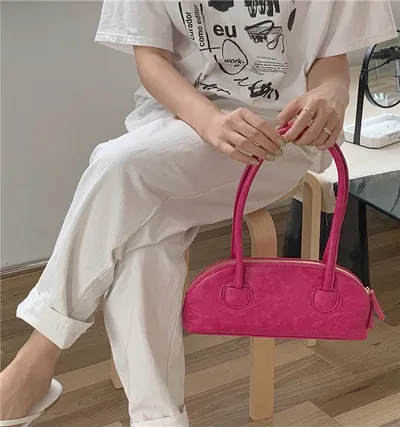  Candy Color Shell Bag Retro Oil Wax Stick Bag Versatile Long Handle Shoulder Bag Armpit Bag Casual Boston Bag