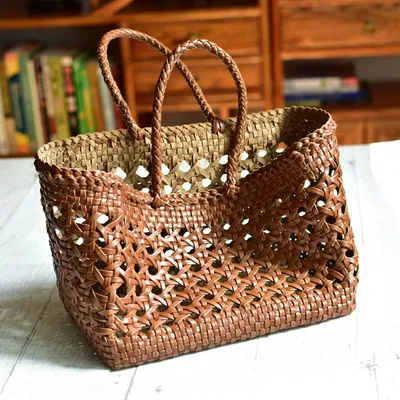 French-style Woven Bag Genuine Leather Hollowed-out Basket Shape
