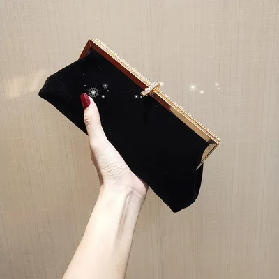 Black Clutch Bag With Diamond Velvet One Shoulder Diagonal
