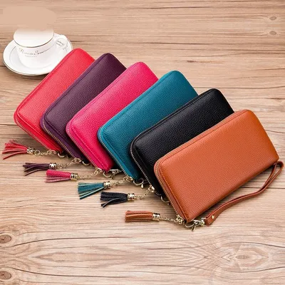 Tassel Top-grain Leather Zippered Womens Wallet