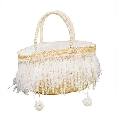 Spring Summer New Straw Bag White Feather Pearl Handbag Art Handbag Shoulder Tote Bag