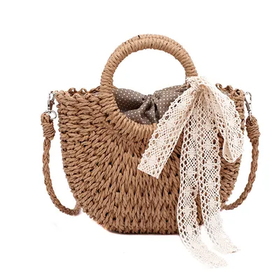  Women Hand-Woven Handbag Moon Shape Lace Bow Rattan Bag 