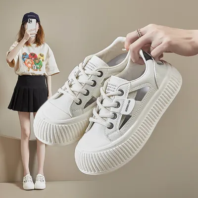 New Breathable Womens Hollow-out Casual Sneakers Chunky-soled Versatile White Shoes