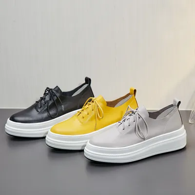  New Height Increase Casual Shoes Women Simple Yellow Leather Lace-up Single Shoes Platform Platform Shoes British Style Women's Shoes