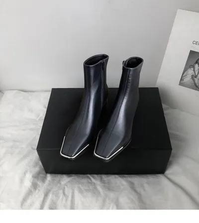 All-leather Square-Toe Zipper Thick Heel Single Boot Ankle Boots