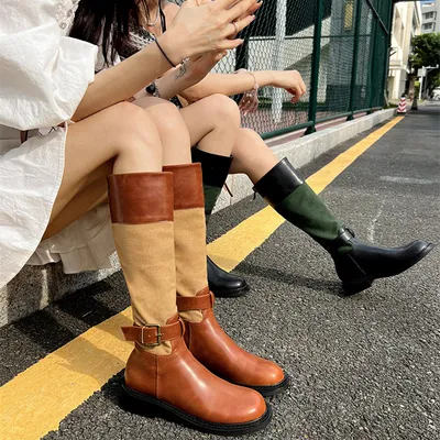 All-match Retro Color-block High-top Knight Boots Back Zipper Mid-heel Women's Boots