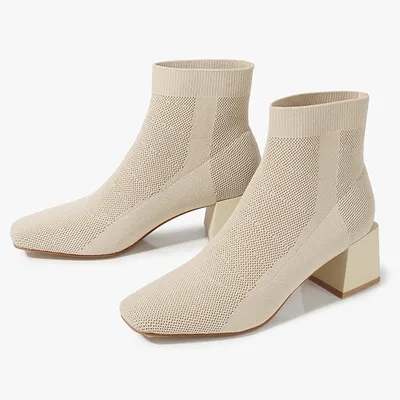 All-match Stretch Knitted High Heel Solid Color Chunky Heel Square Toe Booties Women
